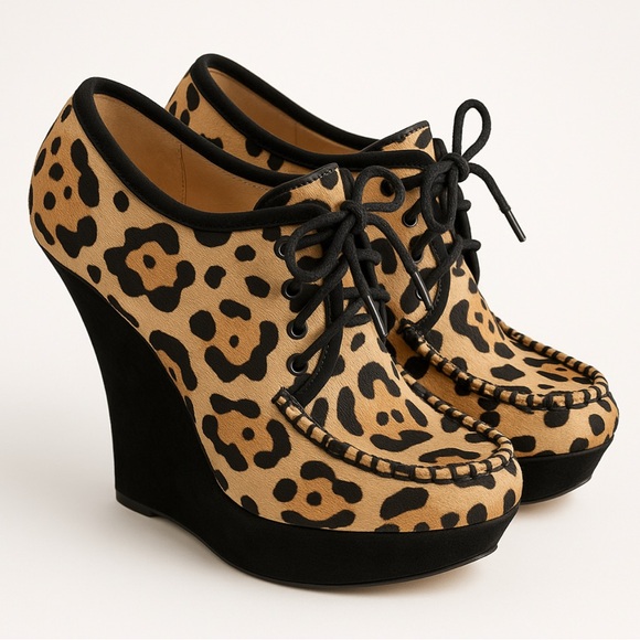 L.A.M.B Leopard Print Brown Black Pony Hair  Lace Up Wedge Booties Shoes boots - Picture 1 of 9